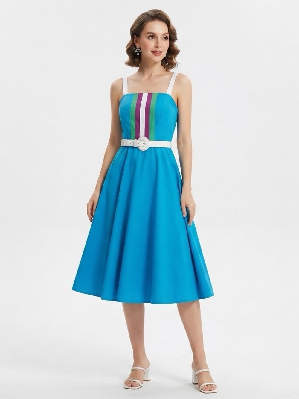 Vintage Vincenti Bright Blue Retro Midi Dress with Stripe Detail Size 10 ILGWU